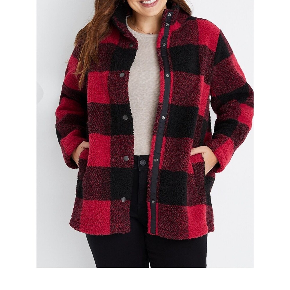 Maurices Red Black Buffalo Plaid Sherpa Jacket Womens Size XL